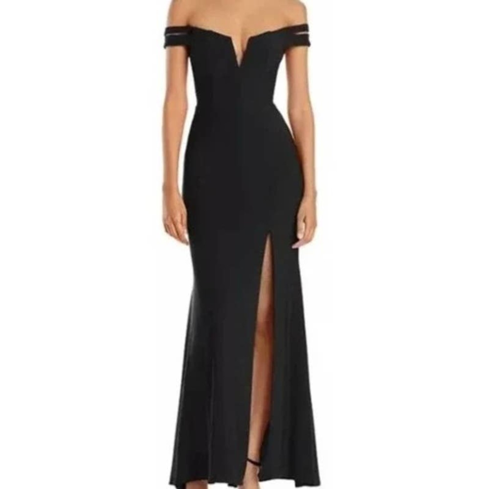 AQUA sz 12 black off the shoulder v bust open slit maxi dress gown NWT b50